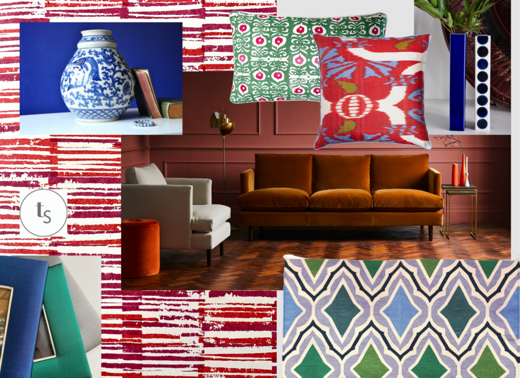 A red living room mood board interior scheme with bold green and blue accents.