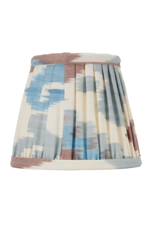 Soft blue and brown silk Ikat candle lampshades.