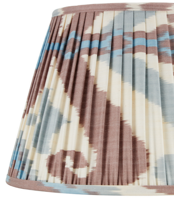 Warm brown silk Ikat lampshades with soft blue accents..