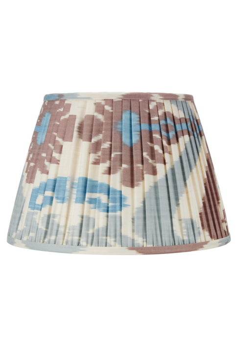 Soft blue and brown silk Ikat lampshades with gathered pleats.