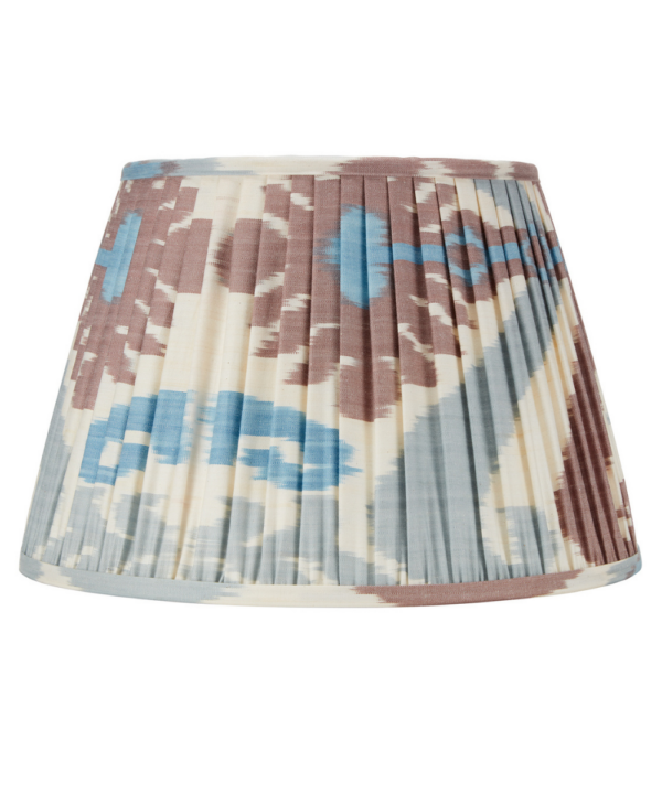 Soft blue and brown silk Ikat lampshades with gathered pleats.