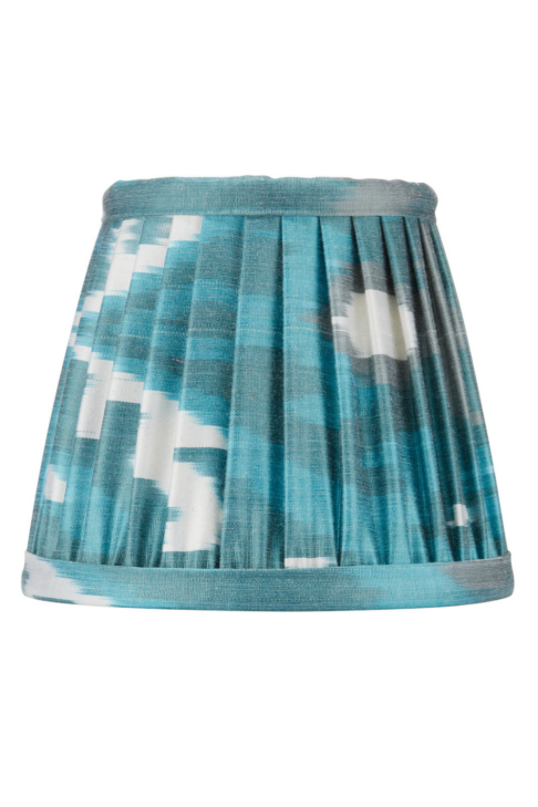 Teal Ikat silk candle shades.