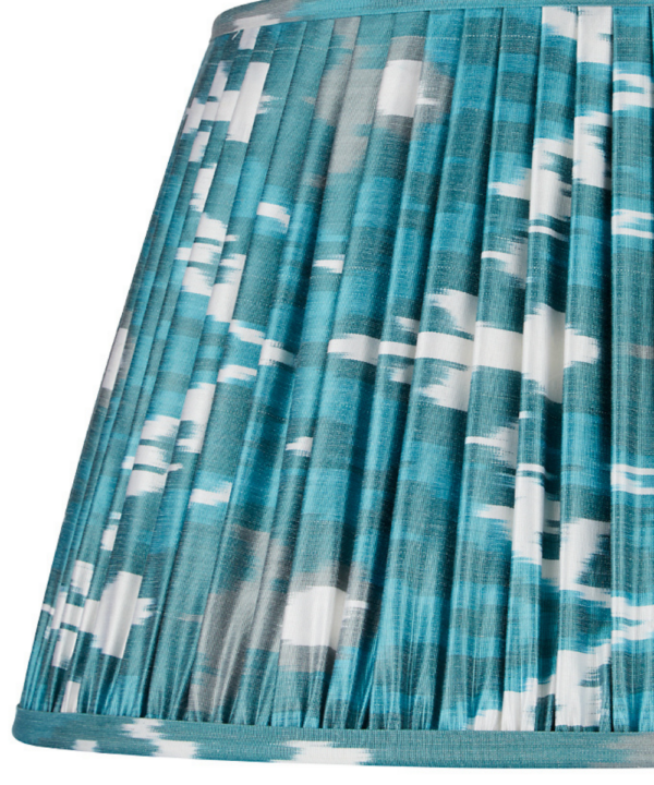 Teal silk Ikat lampshades.