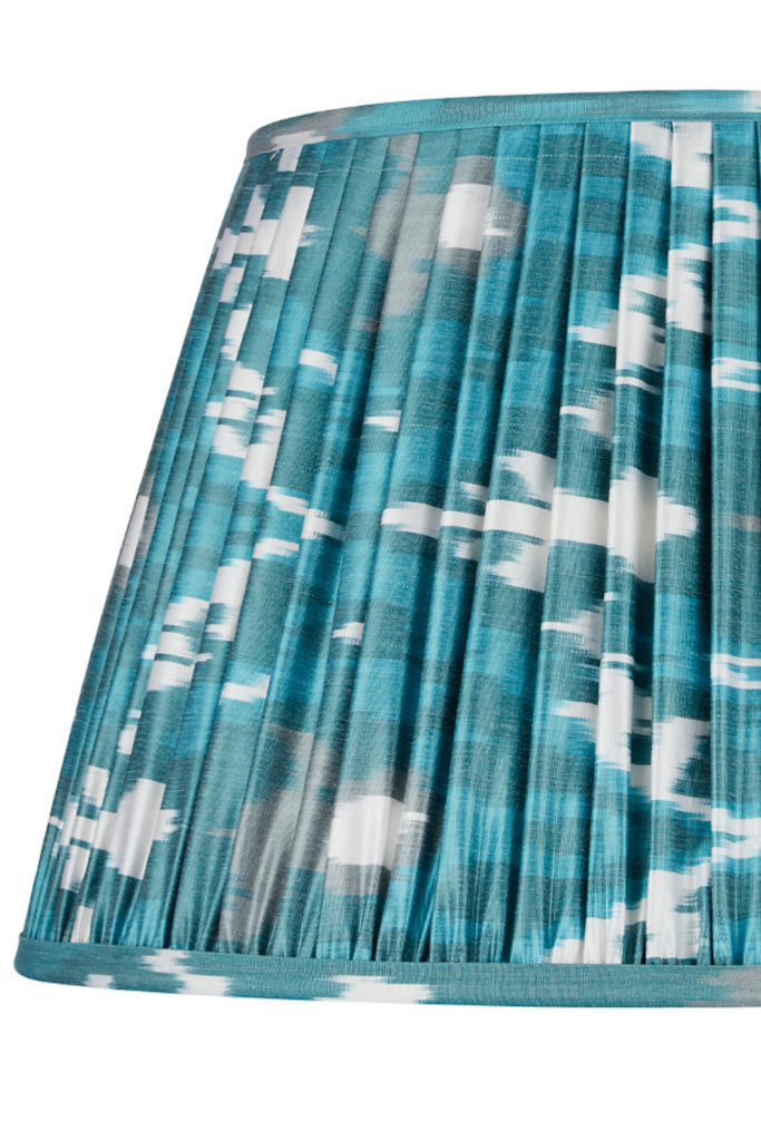 Teal silk Ikat lampshades.