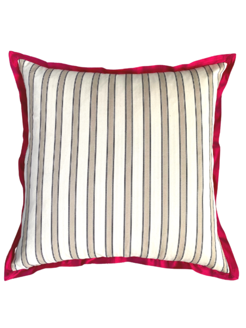 Striped cotton reverse of a vintage rose linen cushion with deep red silk trim.