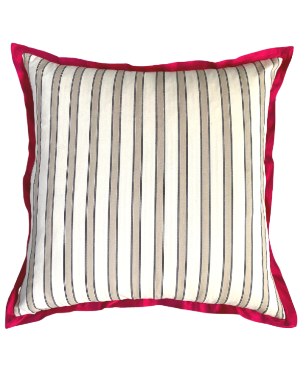 Striped cotton reverse of a vintage rose linen cushion with deep red silk trim.