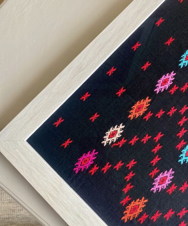 Southeast Asian embroidered dress cotton motifs framed as a colour-pop piece of wall art.