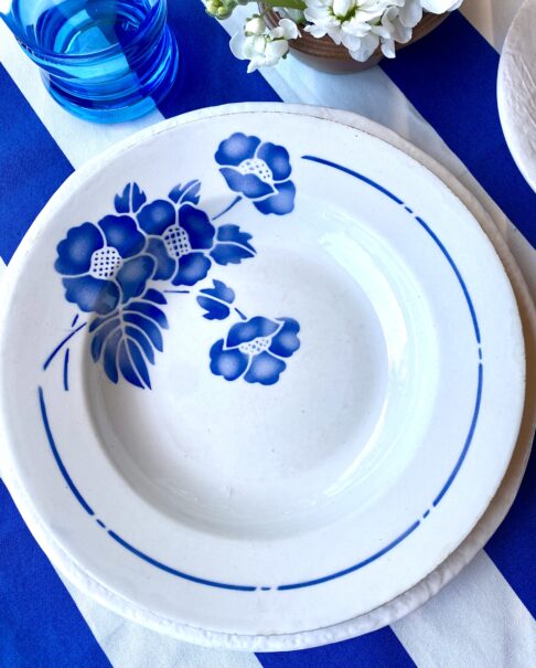 French bowls with blue and white floral motifs sourced at an antiques market.