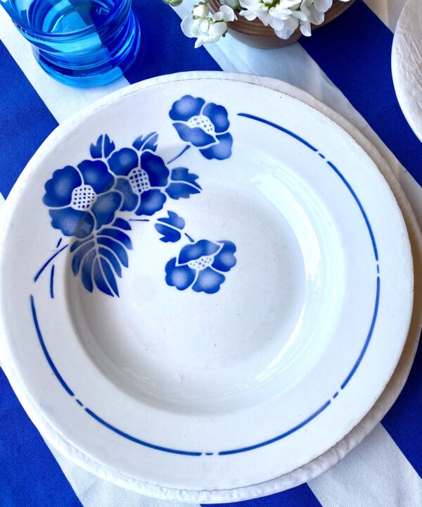 French bowls with blue and white floral motifs sourced at an antiques market.