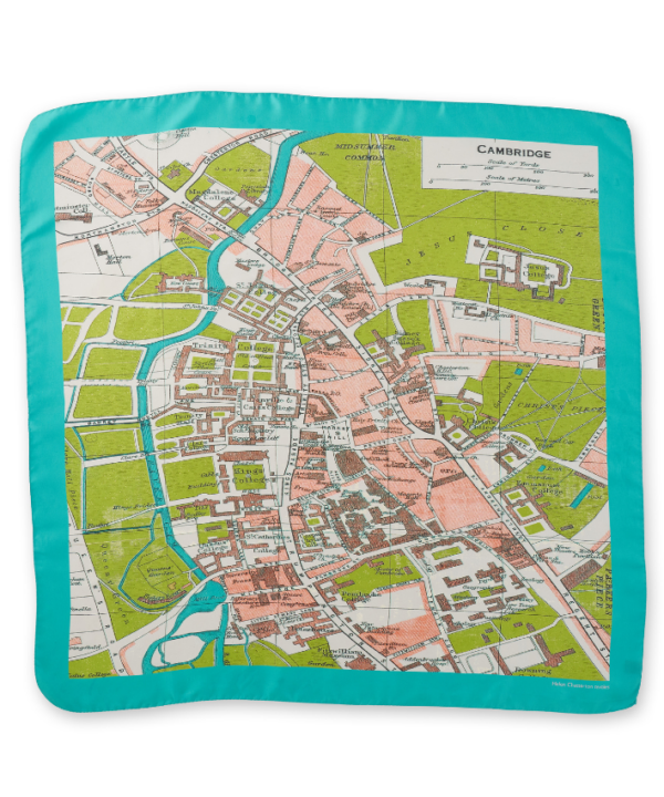 A vintage Cambridge map printed onto a luxury silk scarf in a turquoise and green colourway.