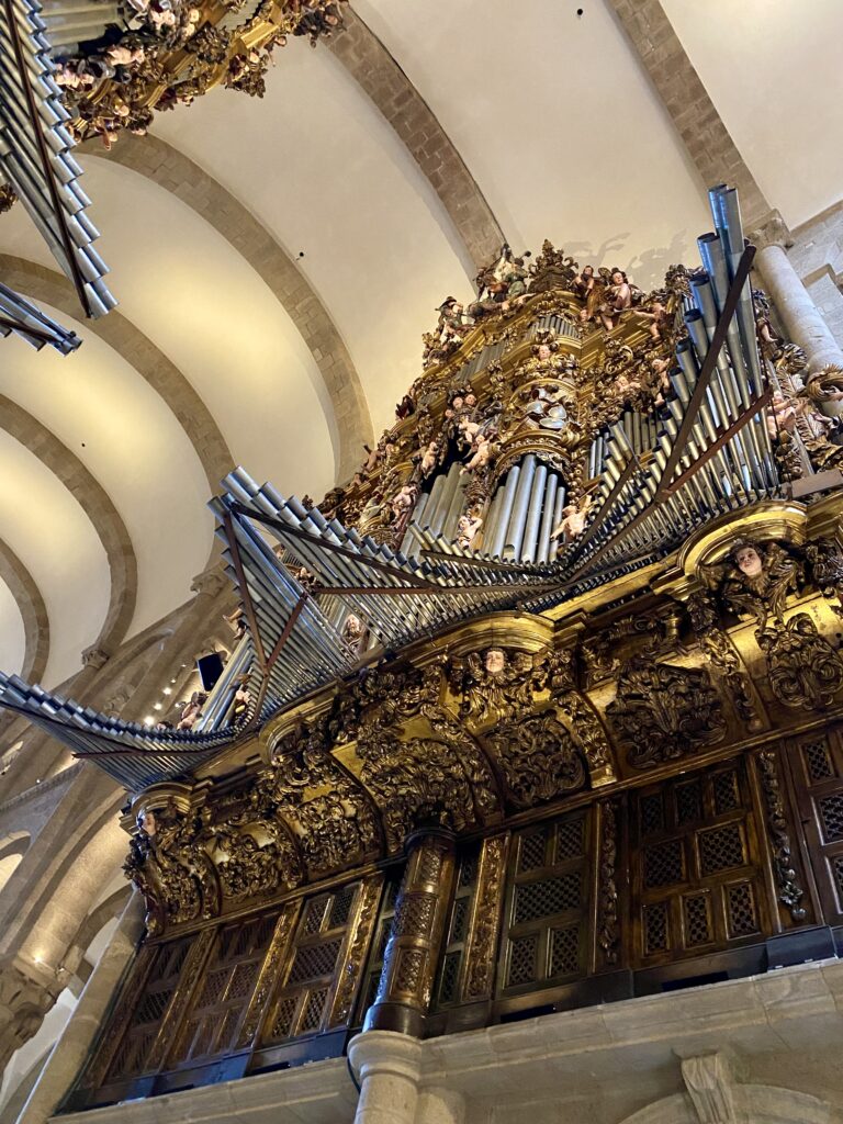 The towering double organ in the cathedral in Santiago De Compostela, Spain.