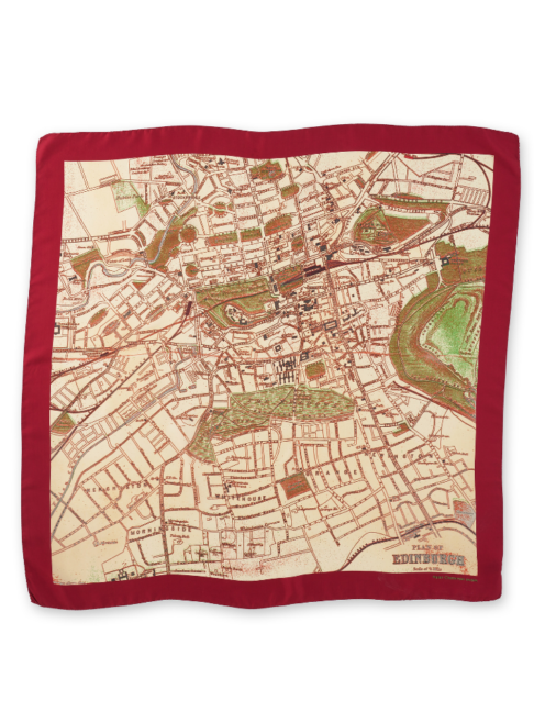 A vintage Edinburgh map printed onto a luxury silk scarf in beige, green and burgundy colours.