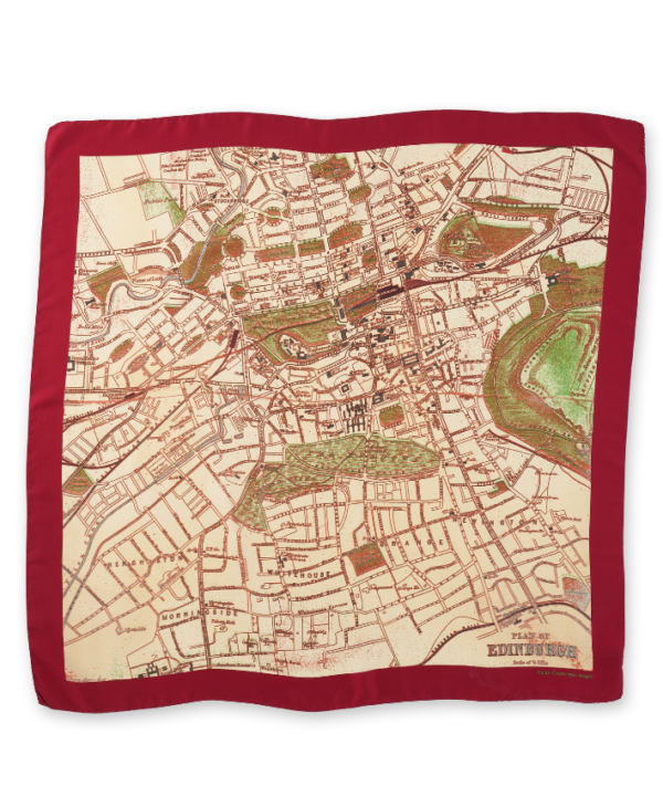 A vintage Edinburgh map printed onto a luxury silk scarf in beige, green and burgundy colours.