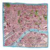 A vintage Frankfurt map translated onto a luxury silk scarf in red, green and blue.