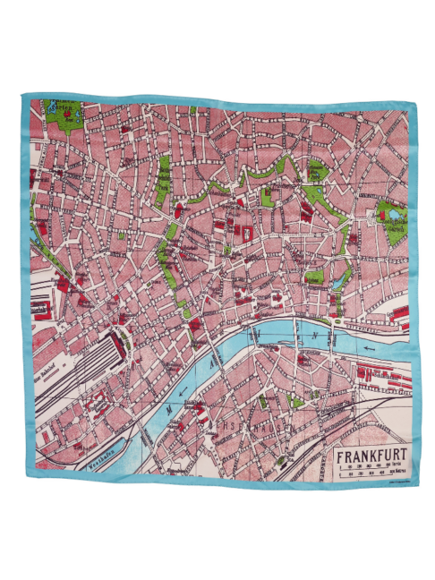 A vintage Frankfurt map translated onto a luxury silk scarf in red, green and blue.