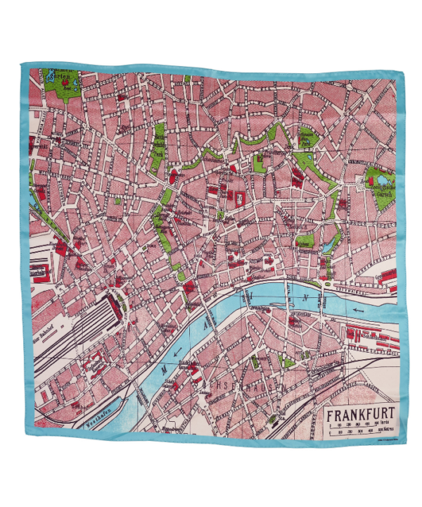 A vintage Frankfurt map translated onto a luxury silk scarf in red, green and blue.