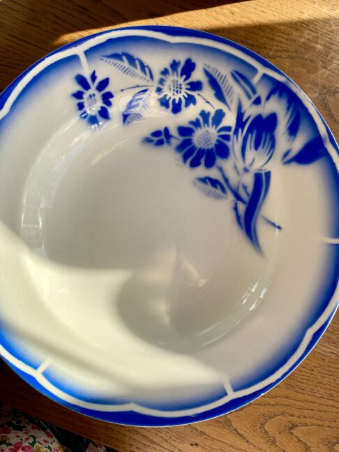 Vintage French cereal bowl in blue and white.