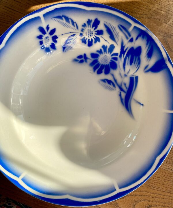 Vintage French cereal bowl in blue and white.