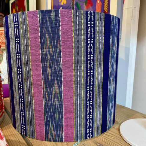 Navy and pink stripes on slub silk on a handmade Thai textile lampshade.