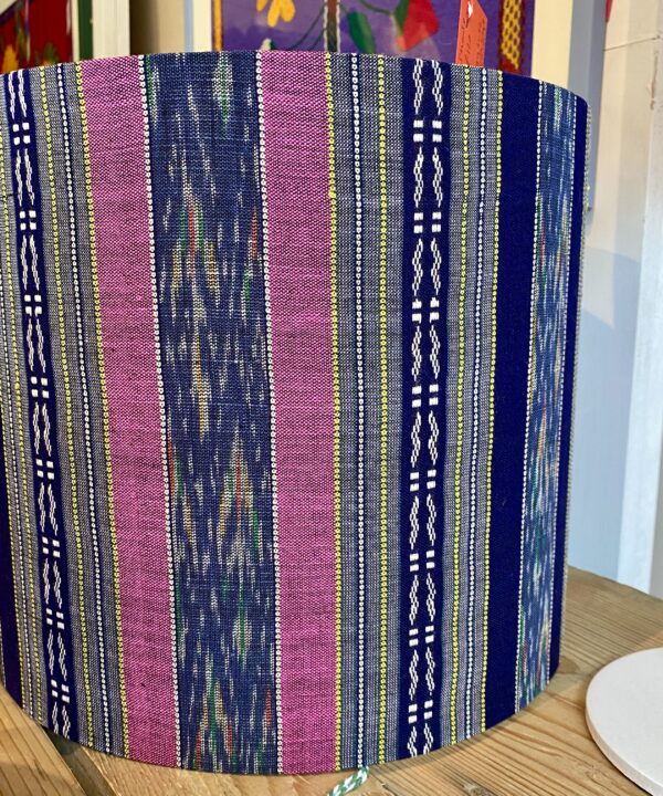 Navy and pink stripes on slub silk on a handmade Thai textile lampshade.