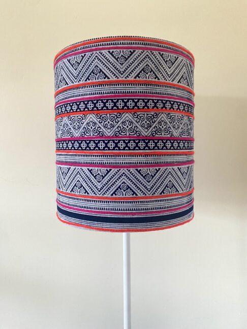 Indigo patterned lampshades handmade from Thai textiles sourced in Chiangmai.