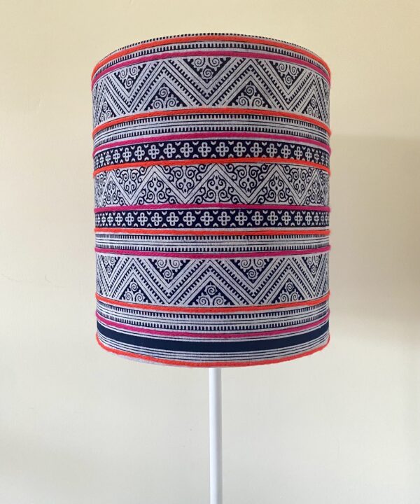 Indigo patterned lampshades handmade from Thai textiles sourced in Chiangmai.