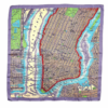 A lilac silk scarf with red, green and blue accents depicting a vintage map of New York city.