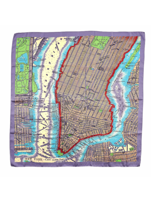 A lilac silk scarf with red, green and blue accents depicting a vintage map of New York city.