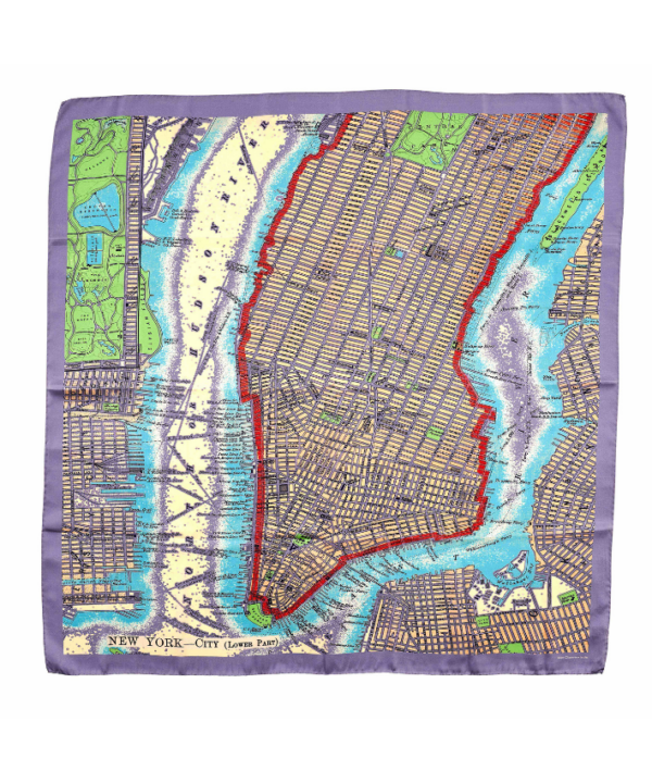 A lilac silk scarf with red, green and blue accents depicting a vintage map of New York city.