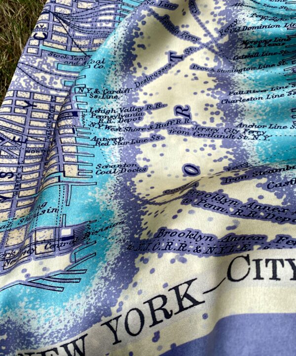 Hudson River detail on a luxury lilac silk scarf printed with a vintage map of New York City.