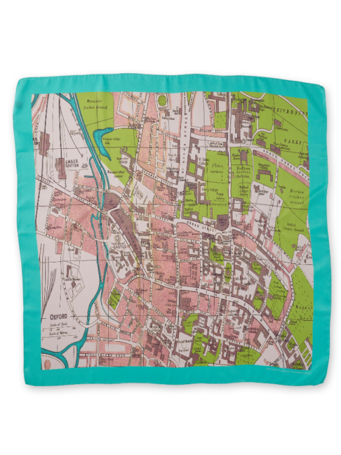 A vintage Oxford map printed onto a luxury silk scarf in pretty turquoise and bright green.