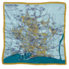 A teal silk scarf with gold accents depicting a vintage map of Barcelona.