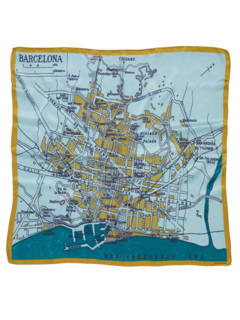 A teal silk scarf with gold accents depicting a vintage map of Barcelona.