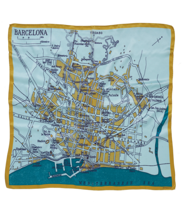 A teal silk scarf with gold accents depicting a vintage map of Barcelona.