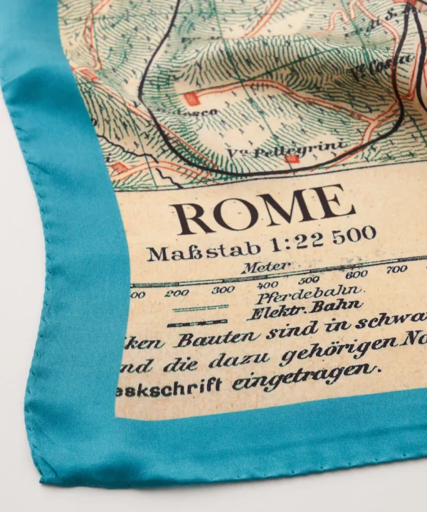 Detail of a Rome map print luxury silk scarf.