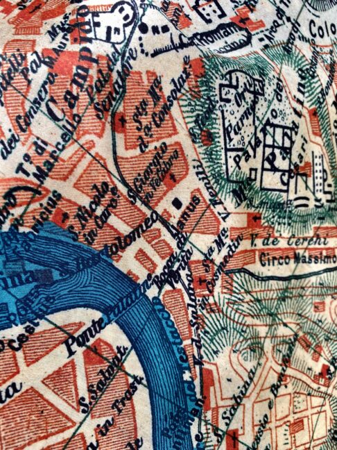 A detail of the Tiber River flowing through the city on Rome on a luxury silk scarf.