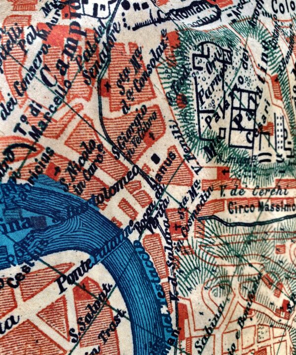 A detail of the Tiber River flowing through the city on Rome on a luxury silk scarf.