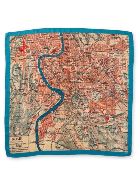 Turquoise scarves depicting a vintage map of the city of Rome.