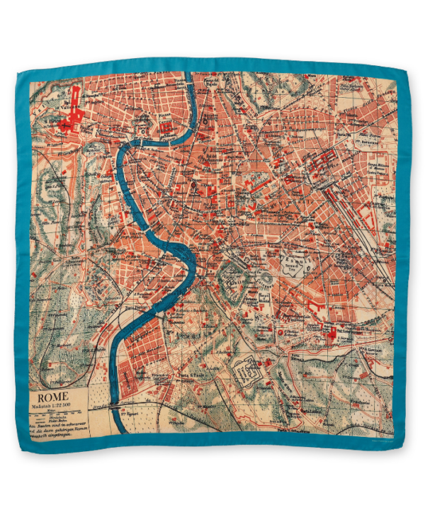 Turquoise scarves depicting a vintage map of the city of Rome.