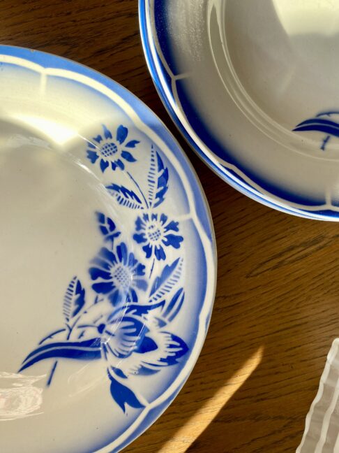 Vintage French dessert bowl in blue and white.