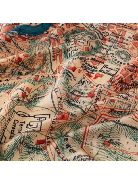 Turquoise scarves with red and beige detailing printed with a vintage map of Rome in Italy.