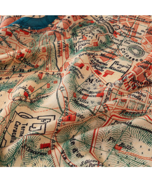 Turquoise scarves with red and beige detailing printed with a vintage map of Rome in Italy.