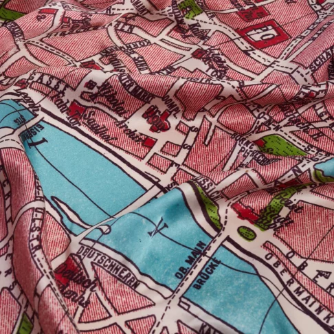 A detail of a luxury, silk Frankfurt map scarf.