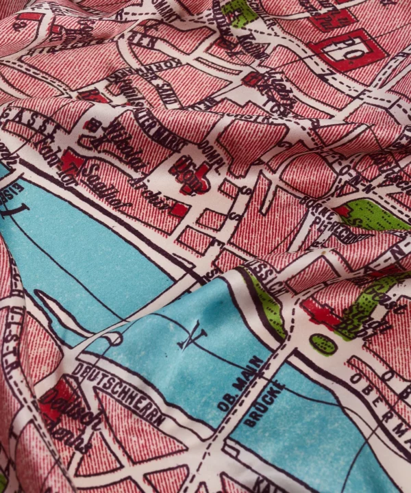 A detail of a luxury, silk Frankfurt map scarf.