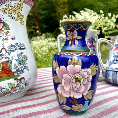 Vintage cloisonné pot or vase in blue and pink florals. Thoughtful eclectic gifts for fans of florals.