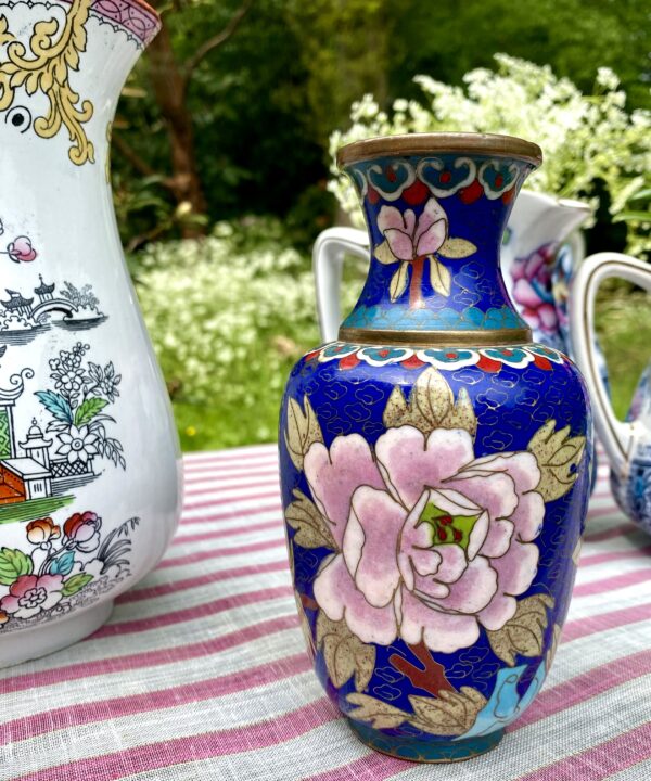 Vintage cloisonné pot or vase in blue and pink florals. Thoughtful eclectic gifts for fans of florals.