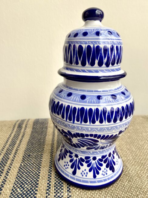 Blue and white Talavera pottery pot with lid.