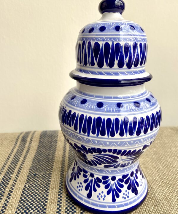 Blue and white Talavera pottery pot with lid.