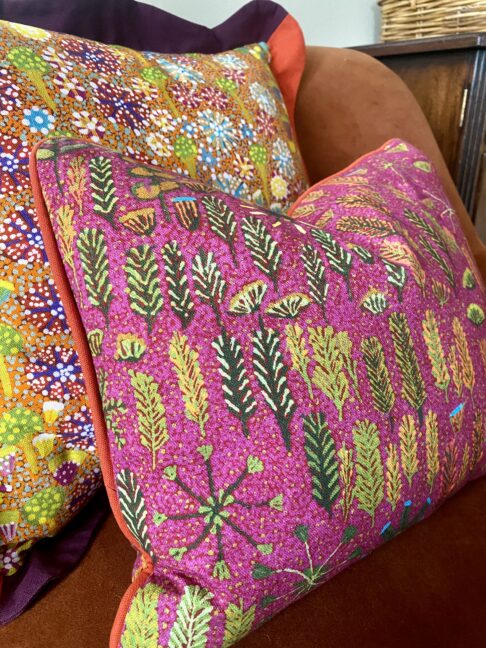 Small botanical print floral cushion on linen taken from an original indigenous Aboriginal art print.