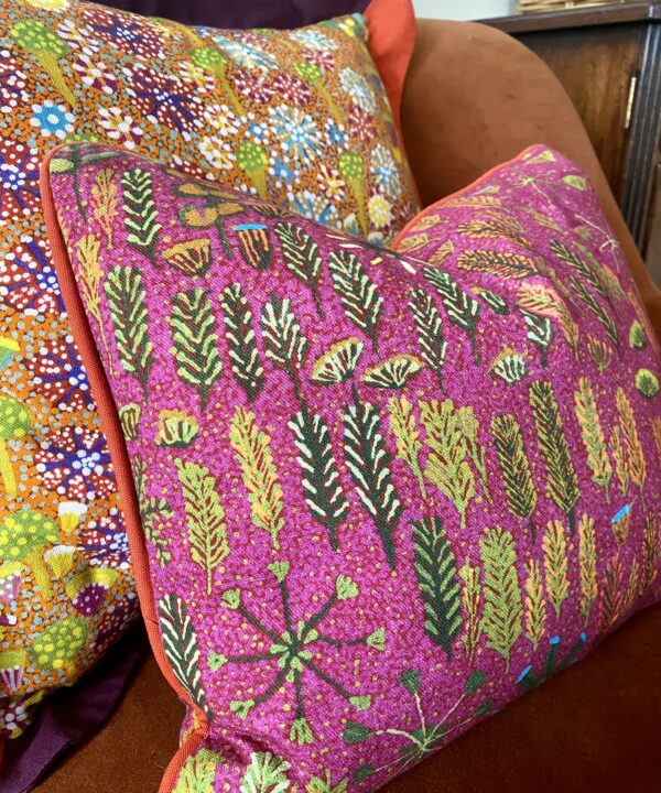 Small botanical print floral cushion on linen taken from an original indigenous Aboriginal art print.